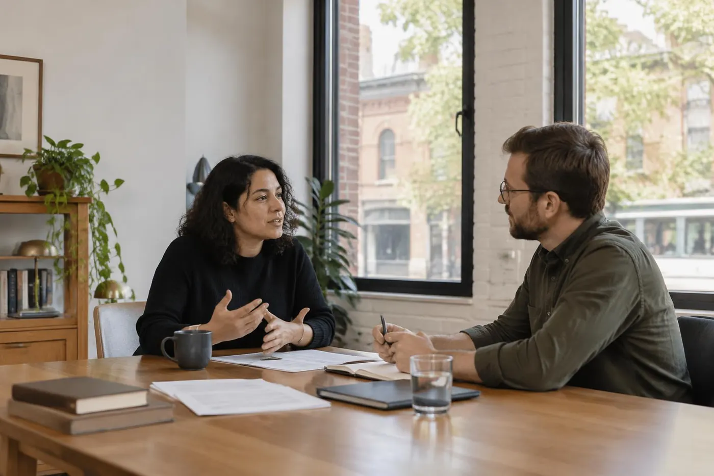 A business owner in conversation with a legal adviser in a Richmond office